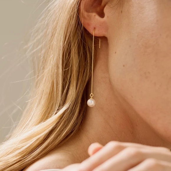 Handmade long drop freshwater pearl earrings with 18k gold fill dangle chain - Picture 2 of 10